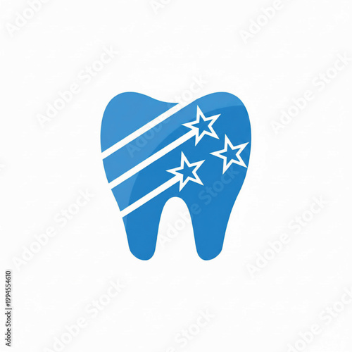 Tooth icon with blue ribbon and white stars, dental health emblem for patriotic healthcare branding featuring dentistry, oral care, patriotism with