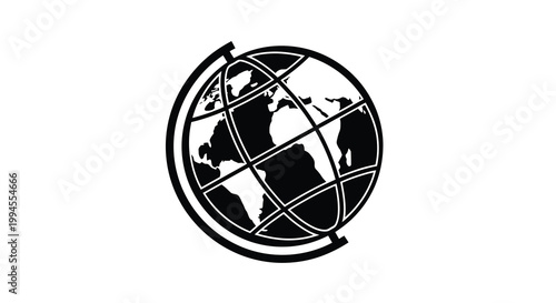 A black and white illustration of a globe encircled by a metal frame