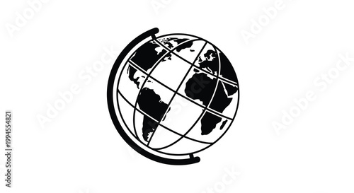 Black and white illustration of a vintage terrestrial globe on a stand