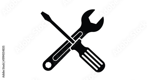 A black silhouette depicting a crossed screwdriver and wrench