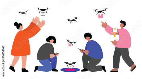 People interacting with delivery drones for package transport and logistics solutions