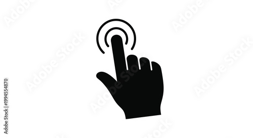 A black silhouette of a hand pressing a circular button or interface