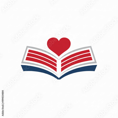 Book icon with red heart above open pages, blue base and white background for love reading concept featuring romance, education, literature with