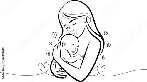Minimal Mother and Baby Line Art Vector for Mothers Day Love and Care Illustration Design with Newborn and Heart Elements