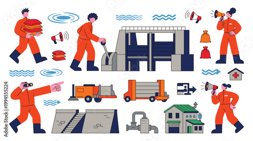 Emergency flood response team working with rescue equipment and infrastructure during a disaster relief operation