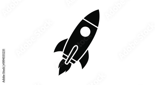 Simple black silhouette of a rocket ship ascending upwards