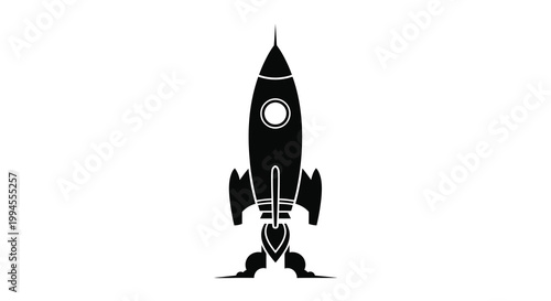 A simple black silhouette of a rocket ship ascending upwards