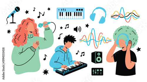 Creative music production and performance with singers and producers enjoying audio creation and sound design