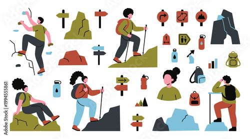 Diverse hikers climb mountains and navigate trails with backpacks and poles, symbolizing adventure and outdoor recreation