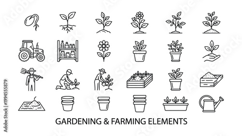 Gardening and farming elements collection with hand-drawn icons of plants tractor tools watering can gardening seedling greenhouse agriculture environment vegetable activity lifestyle