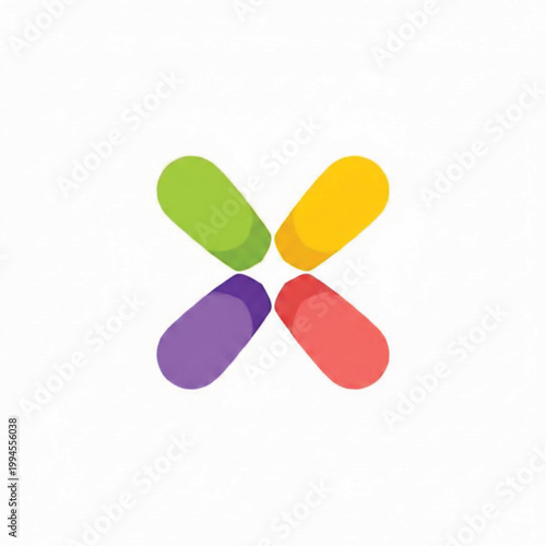 Handmade four petal craft flower with colorful rounded shapes in green, yellow, purple and red on white background