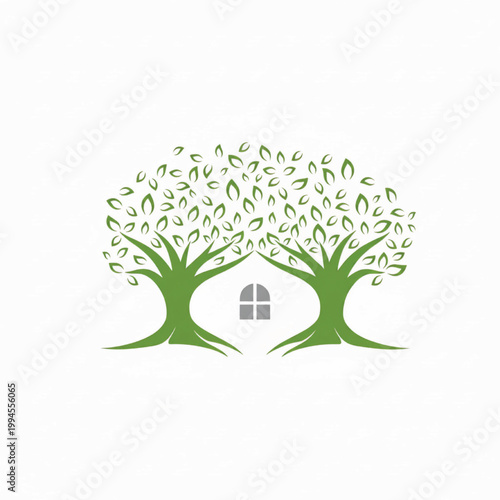 Community home tree logo with green leaves symbolizing growth, sustainability, and family shelter in handmade style