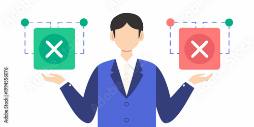 Man contemplates a decision between positive and negative options