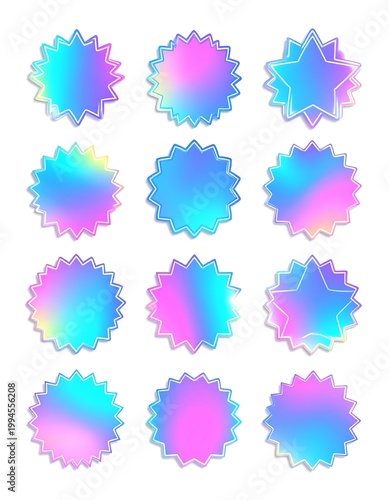 Holographic starburst shapes in pastel colors.