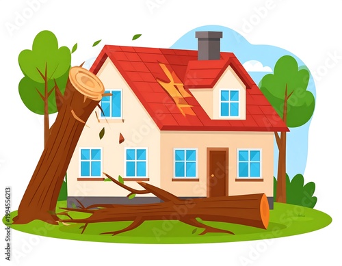 House damaged by fallen tree storm.