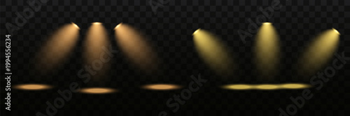 Realistic white spotlight collection with dramatic light beams, soft gradients and glowing effects on transparent background, ideal for stage, events and premium vector design