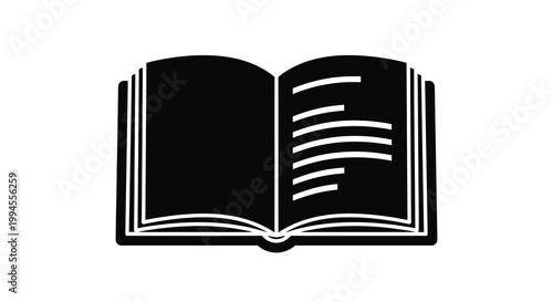 Simple black and white illustration of an open book with lined pages