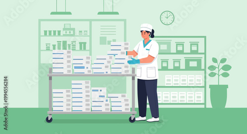 Healthcare worker organizing medical supplies on a cart in a hospital storage room