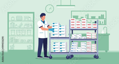 Healthcare worker organizing medical supplies on a cart in a pharmacy or hospital storage room.