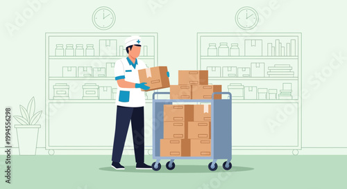 Healthcare worker loading boxes onto a medical cart in a hospital storage room.