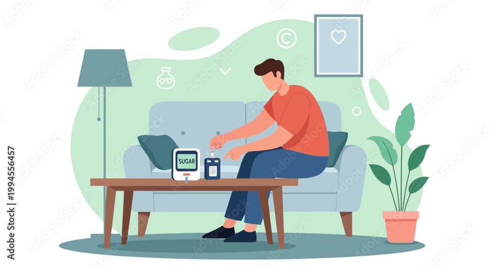 Fototapeta premium Man checking blood sugar level at home, diabetes monitoring concept