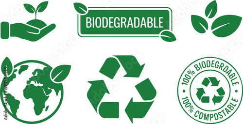 Green environmental icon set featuring biodegradable badge compostable stamp recycling symbol globe leaves and eco sprout illustration