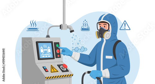 Industrial worker in hazmat suit operating control panel of chemical processing machine
