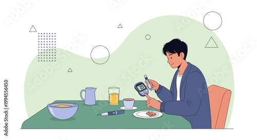 Man checking blood sugar level at breakfast table, diabetes management concept