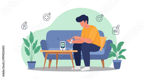Man checking blood sugar level with glucose meter at home, diabetes care concept