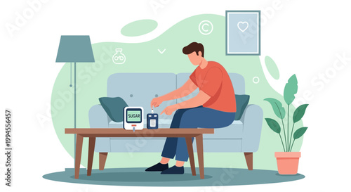 Man checking blood sugar level at home, diabetes monitoring concept