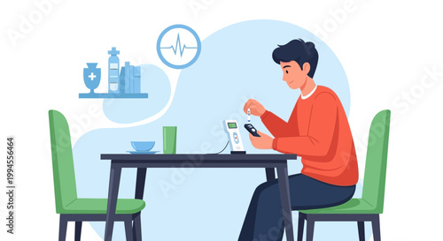 Man checking blood sugar level with glucose meter at table, healthcare concept