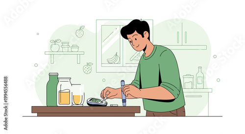 Man checking blood sugar level at home, diabetes management, healthy lifestyle