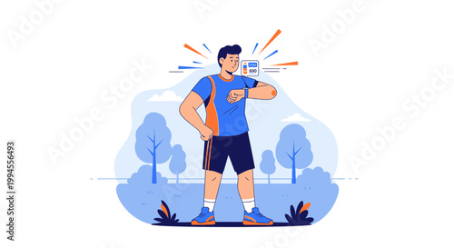 Man checking fitness tracker during outdoor workout in park, healthy lifestyle