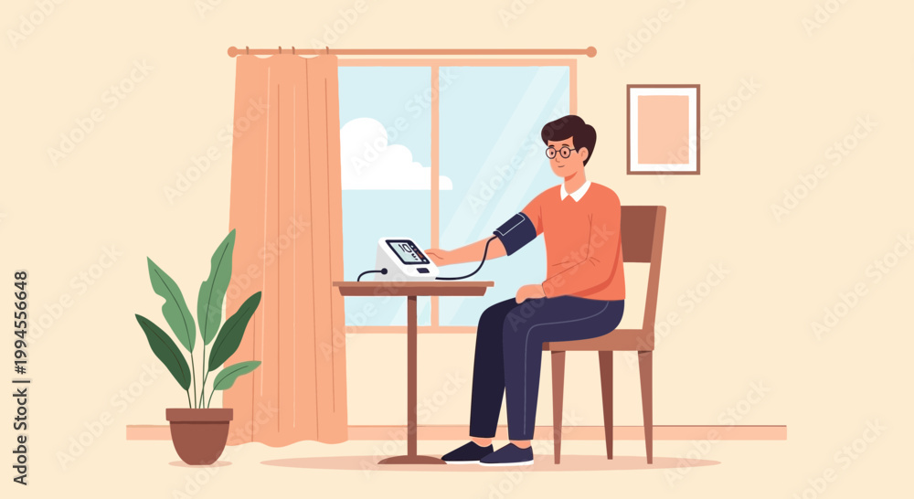 Fototapeta premium Man checks blood pressure at home, health monitoring, medical device, healthy lifestyle
