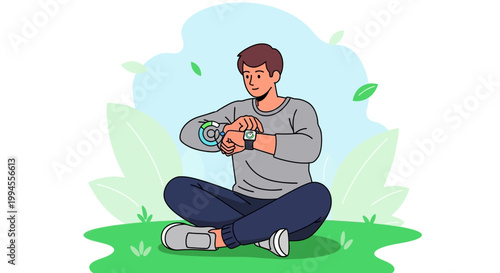 Man checking smartwatch while sitting cross-legged on grass with leaves in background