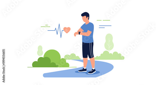 Man checking smartwatch on running track with heart rate monitor graphic
