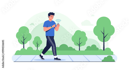 Man checking smartwatch while walking in park, fitness tracker, healthy lifestyle, technology