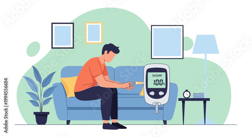 Man checks blood sugar level with glucose meter at home, diabetes management concept