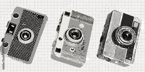 Three vintage cameras illustrated with a sketch like halftone effect