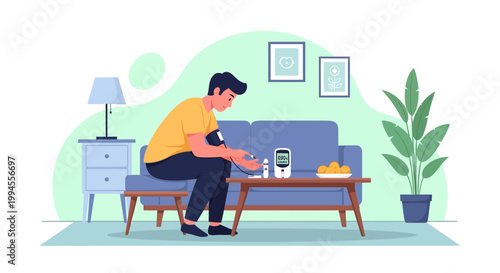 Man checks blood pressure at home, monitor on table, healthy lifestyle concept