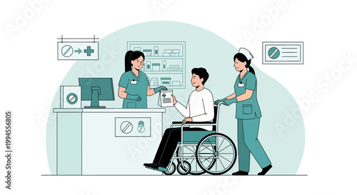 Nurse helps patient in wheelchair at pharmacy counter, receiving medication