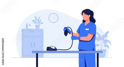 Nurse holding blood pressure cuff, medical equipment on table, healthcare concept