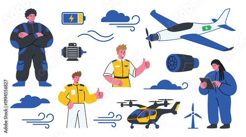 Aviation professionals and advanced technology in aerospace and renewable energy sectors