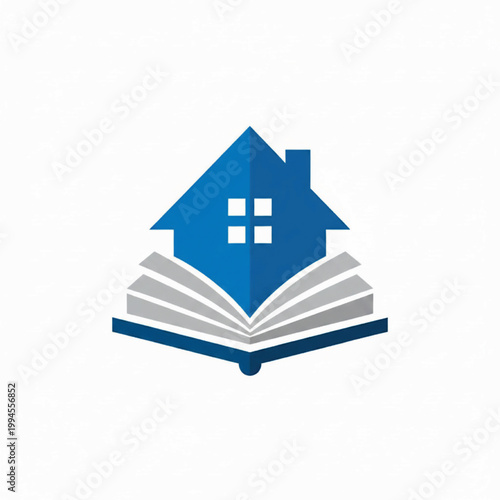 Book home logo design with blue house icon and open book pages for education and learning brand identity