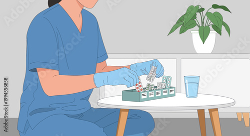Nurse in blue uniform and gloves organizes pills in a weekly pill organizer with a glass of water.