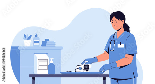 Nurse in blue scrubs using disinfectant sprayer in medical setting