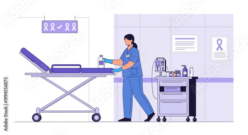Nurse in blue uniform preparing medical equipment in a hospital room with a gurney