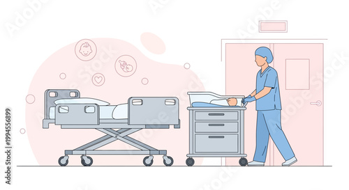 Nurse pushing patient on gurney towards hospital bed in modern clinic room