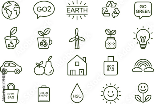 Minimalist environmental line icon set featuring recycling earth renewable energy green living and sustainability symbols in clean grid