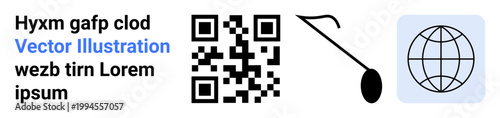 Digital coding, global networks, scanning, online data, internet communication, worldwide access. QR code next to a globe and abstract shapes. Digital coding and global networks concept